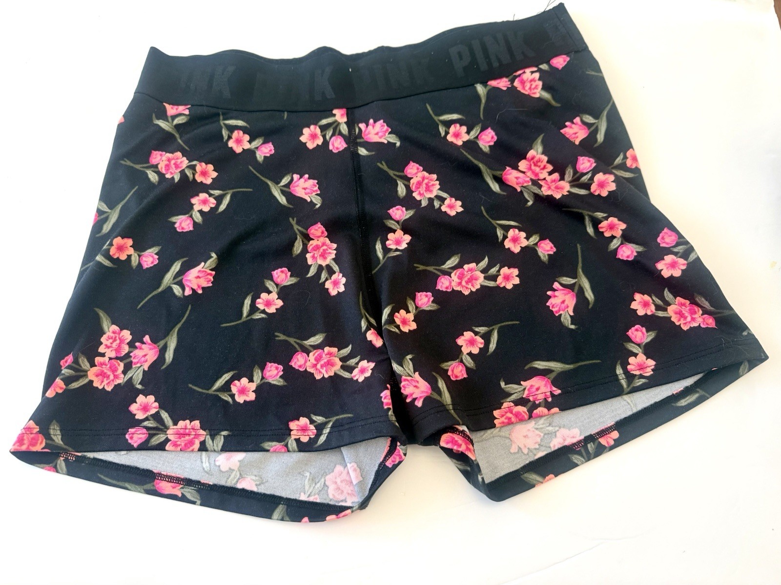 VICTORIA SECRET PINK Ultimate GYM TO SWIM Shorts Boxer Blk/Pink Floral L Discont