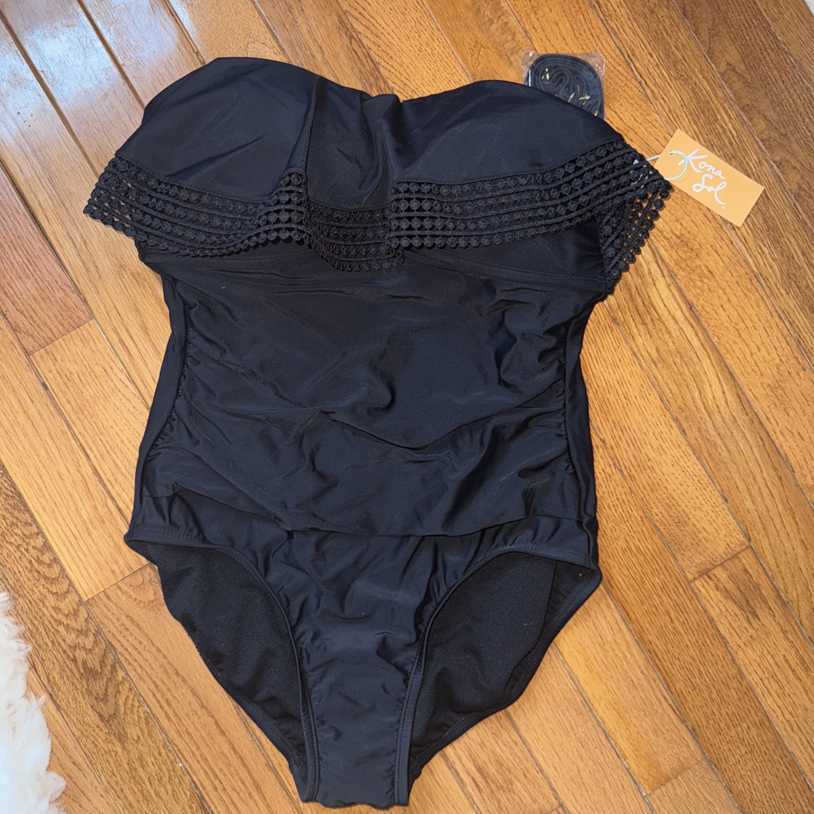 NWT Crochet Black One Piece Swimsuit Flounce Classic High Cover – Kona Sol, Sz M