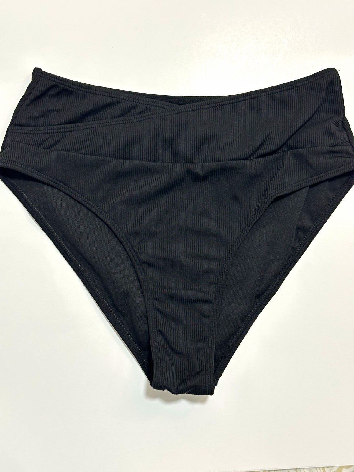 Women’s Black Solid Ribbed Stretch Bikini Swim Bottom, Polyester/Elastane, M