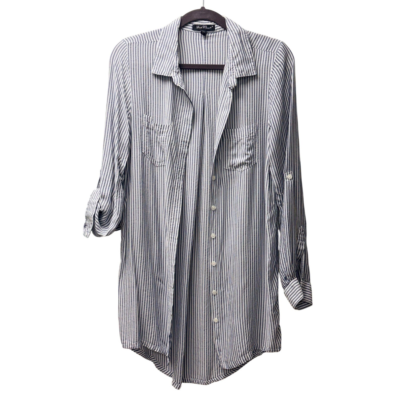 Velvet Heart Striped Cover Up Tunic Shirt Coastal Blue White Beach Size Large