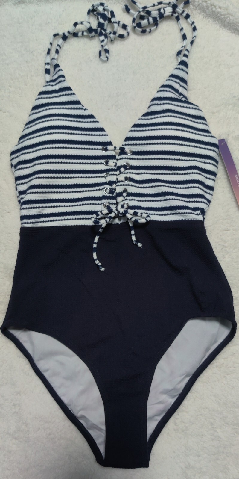 MOLYBELL One Piece Blue & White Swimsuit for Women High Waisted Size Medium