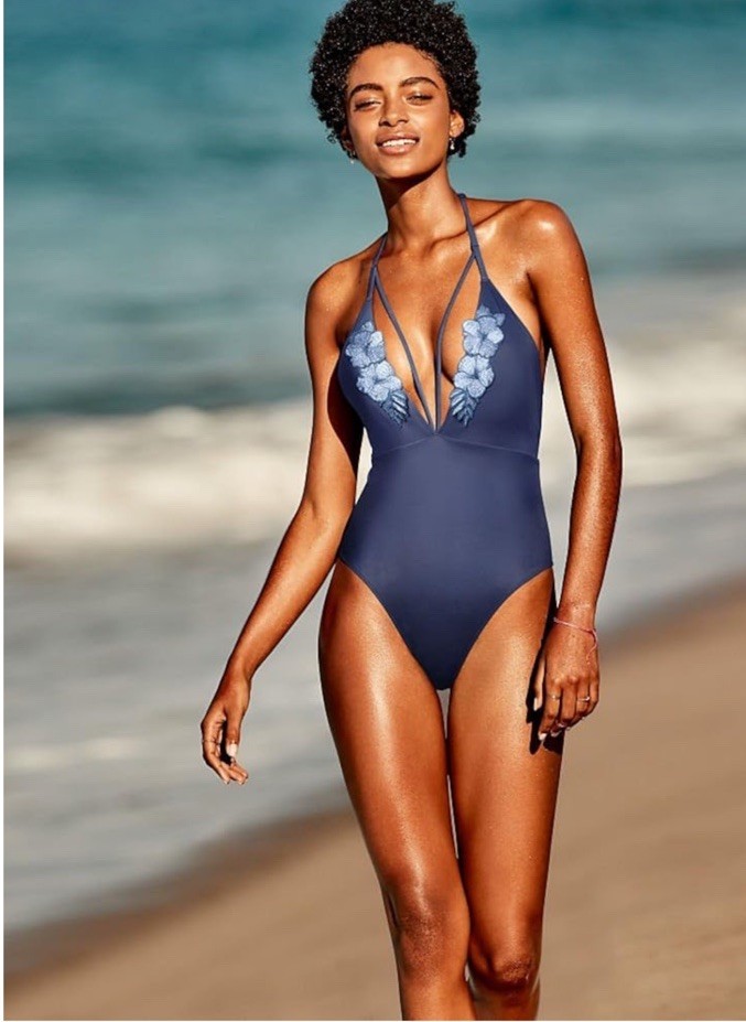 Victorias Secret One Piece Swimsuit Womens XS Plunge Front Navy Blue Beach Pool