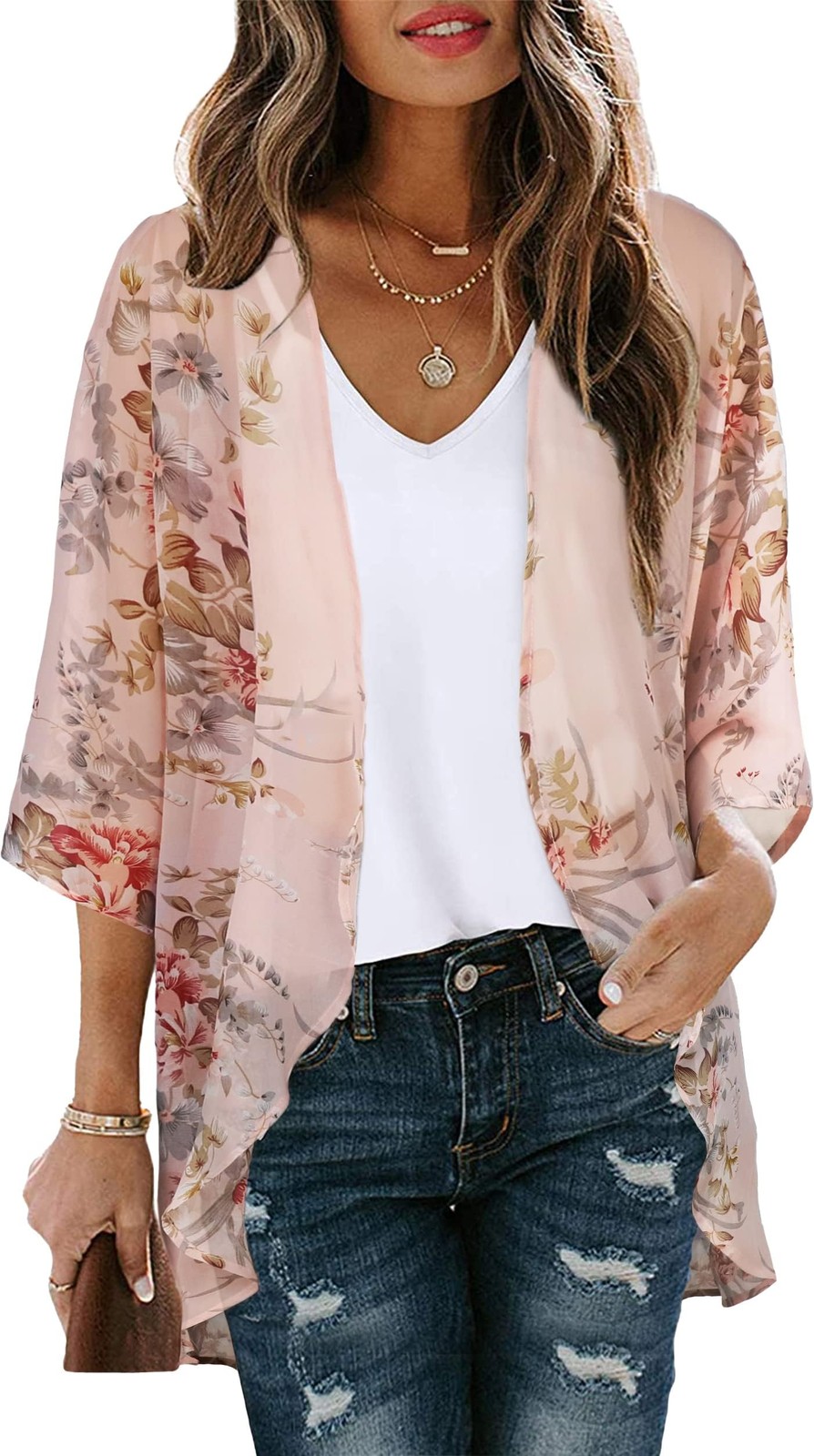 Women Floral Kimono Cardigan Sheer Beach Cover Up Pink Flowers M