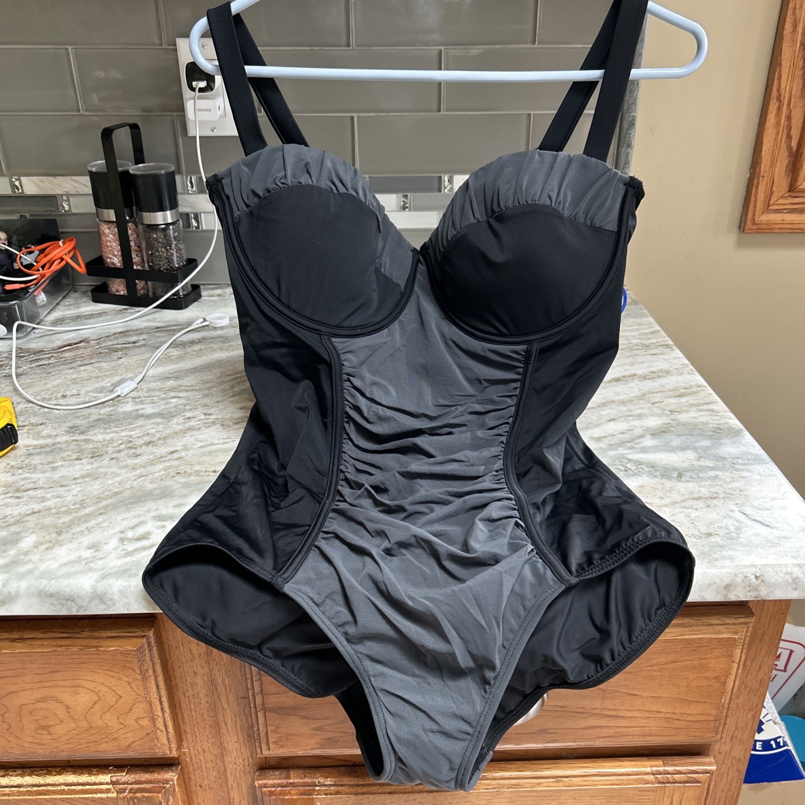 Swimsuits For All Black Lace Swimsuit NEW Underwire 14 Shirred Waist Resortwear