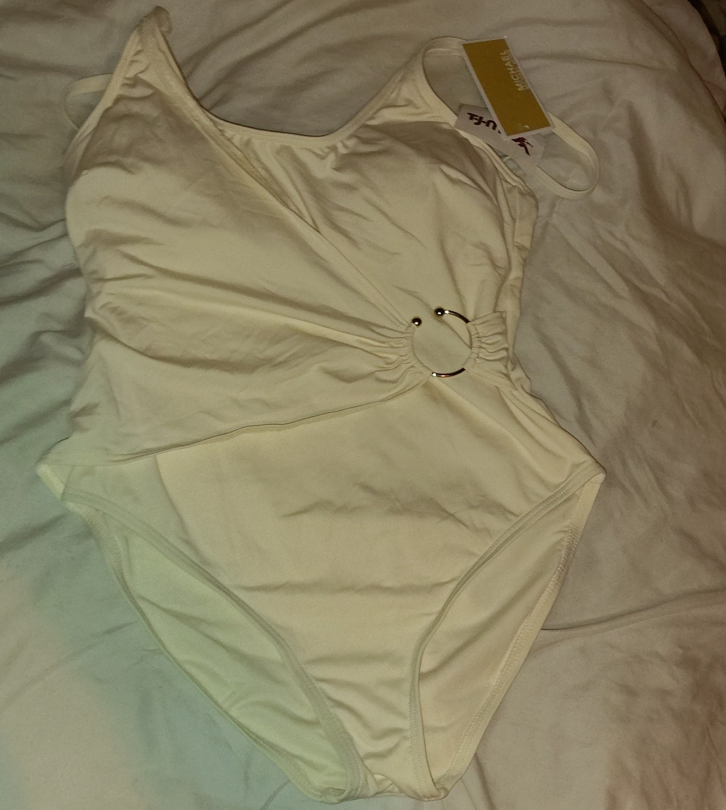 Michael Kors Womens White Solid One-Piece Swimsuit Ring Accent Size 8