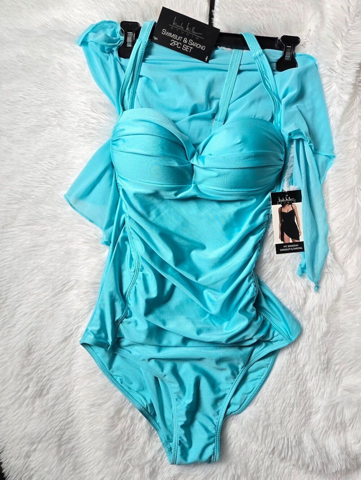 Nicole Miller Studio NWT 2-Piece Swimsuit & Sarong Set – Turquoise M (Flaw)