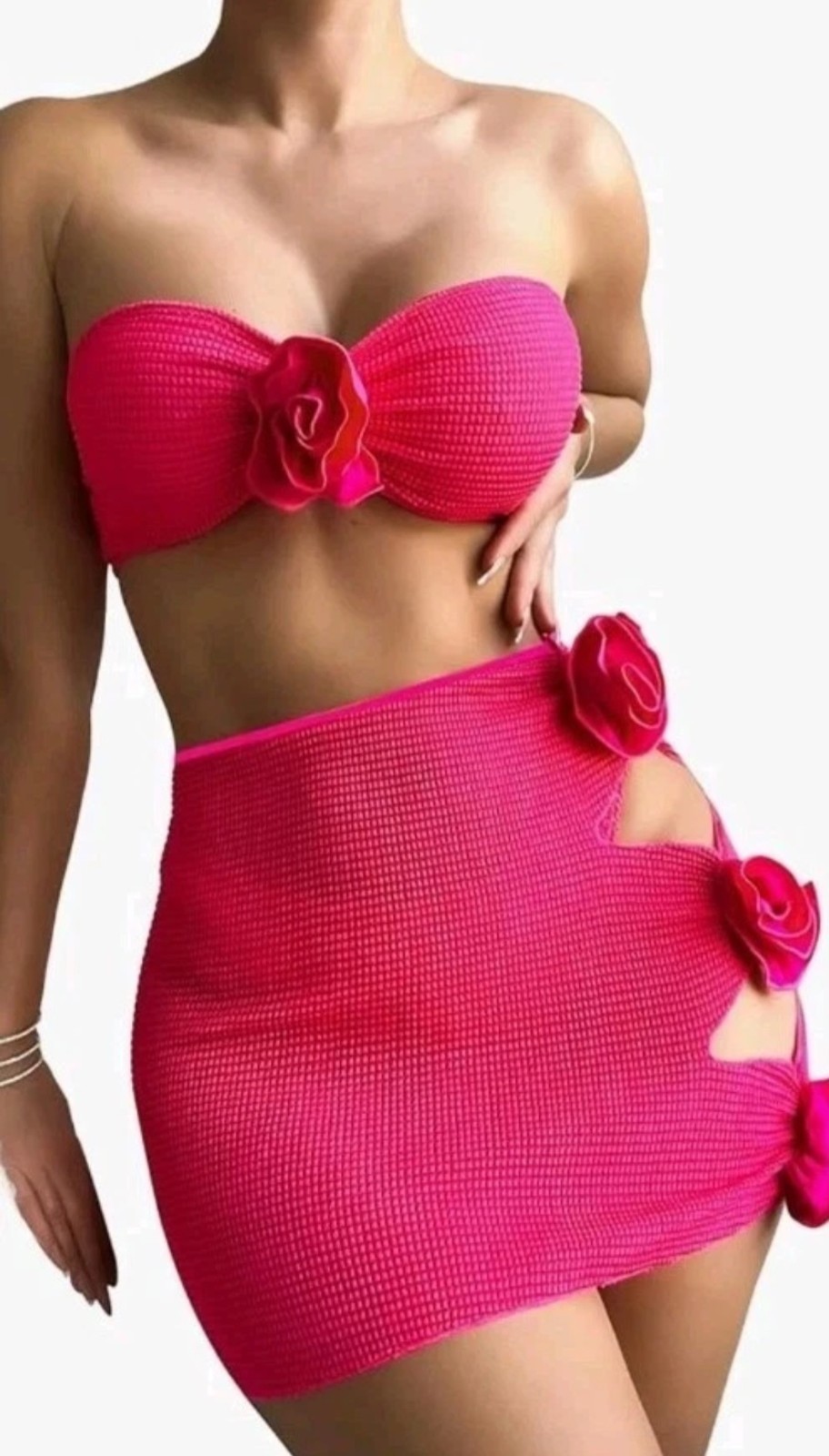 Sweatyrocks Women’s Medium 3Piece HotPink Bikini Set W/ Skirt. Flower Attachment