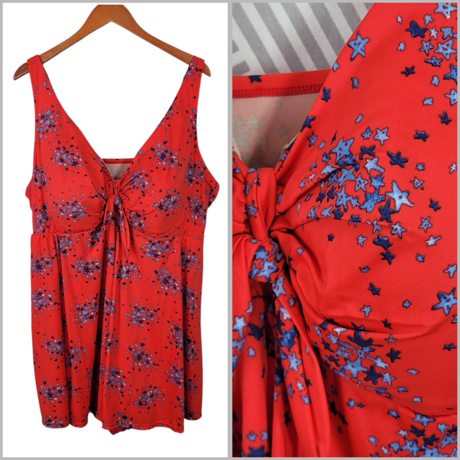 CATHERINES Scattered Stars Red Swimsuit Swim Dress One piece Plus Size 30W 30