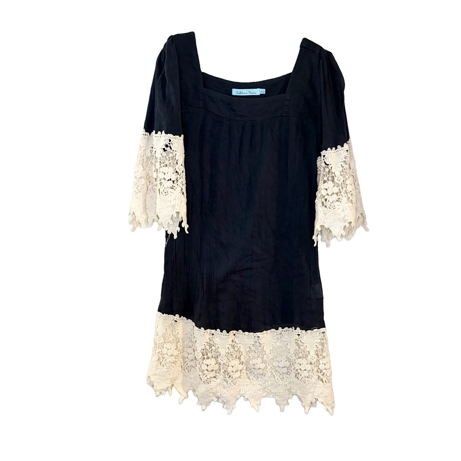 Solitaire Swim Cover Up Dress S Navy Gauzy Crochet Lace Trim Boho Beach Pool