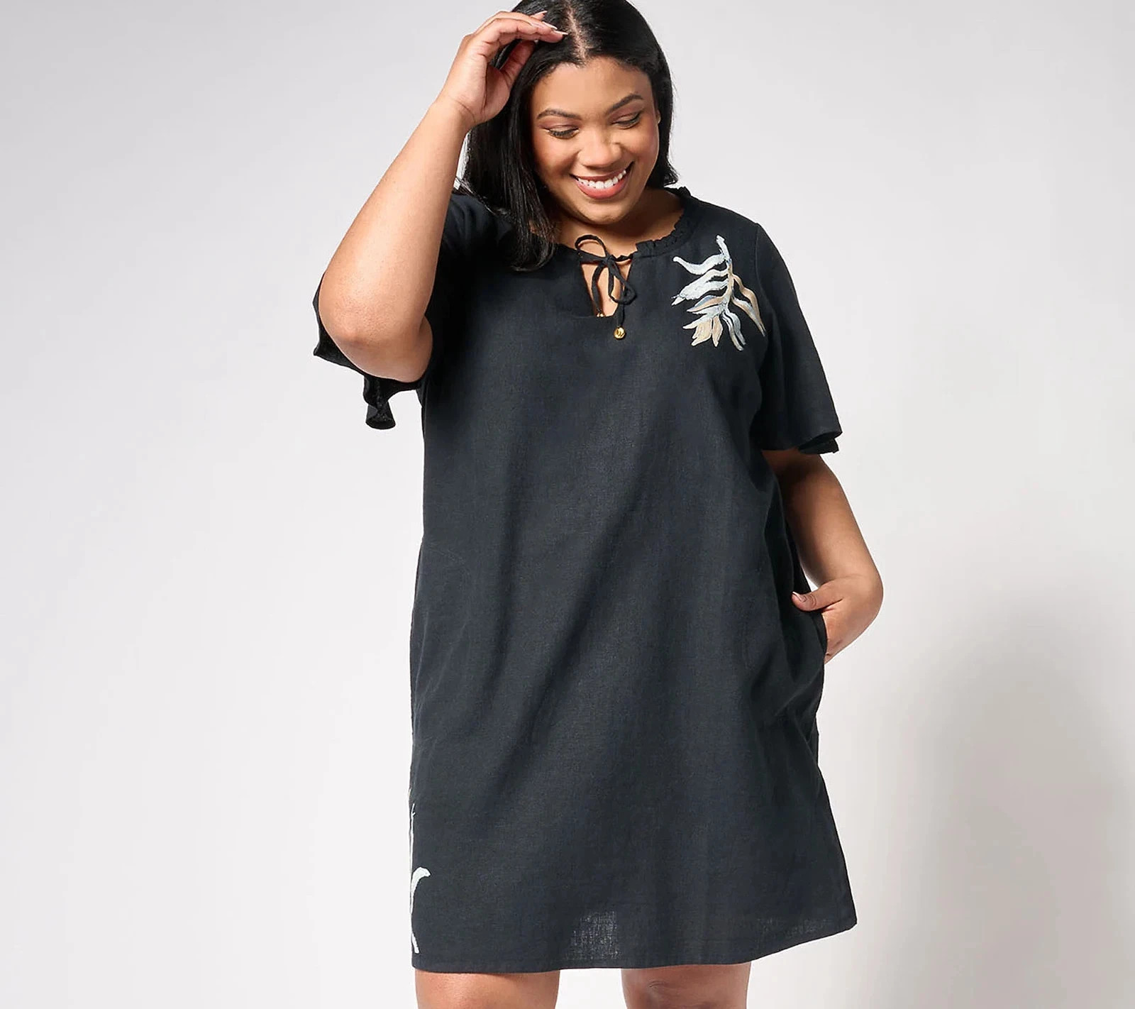 Susan Graver Cover Up Womens XXS Black Linen Blend Short Sleeve Tropical Beach