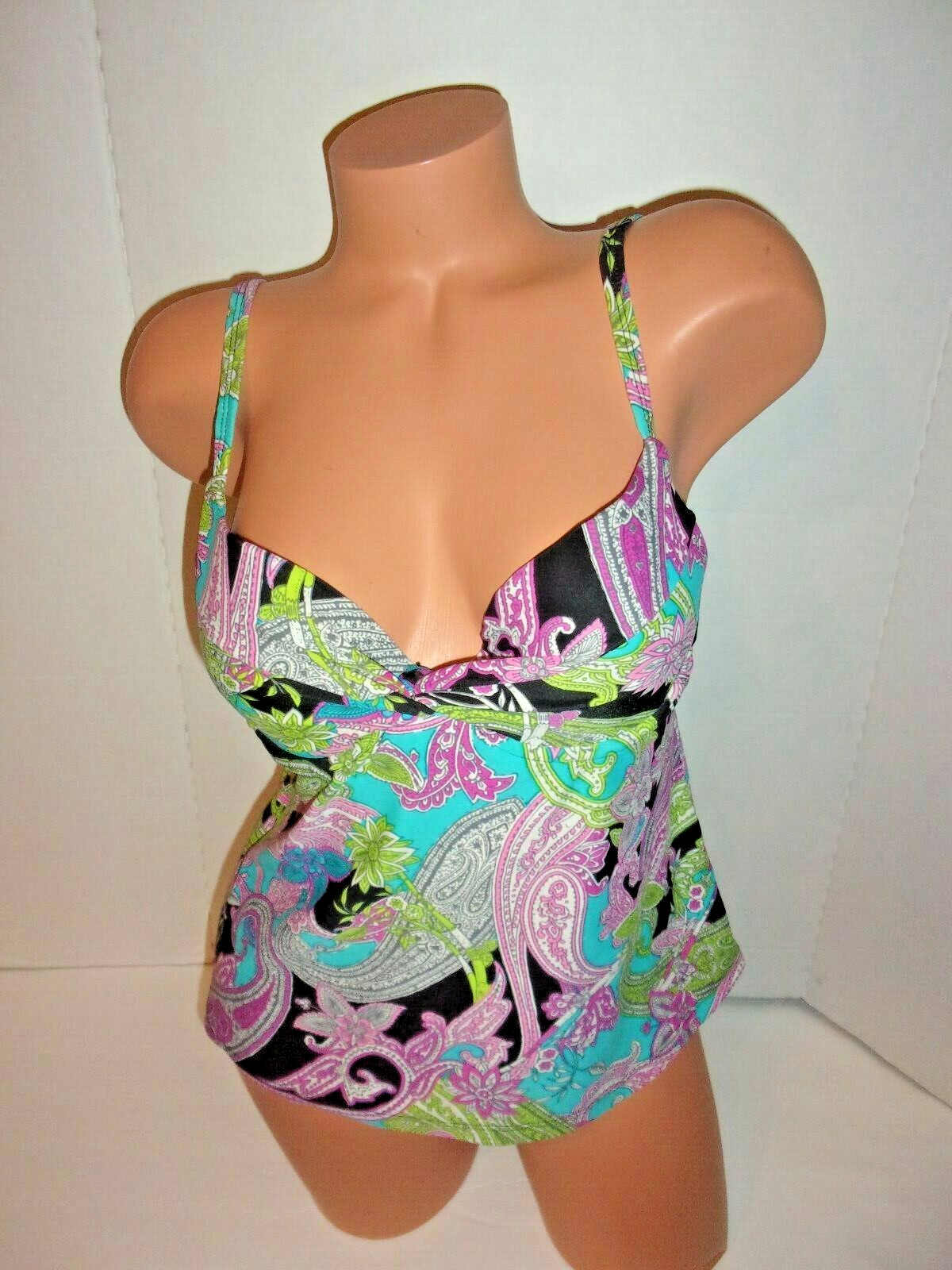 Maidenform padded push up paisley tankini top 36B