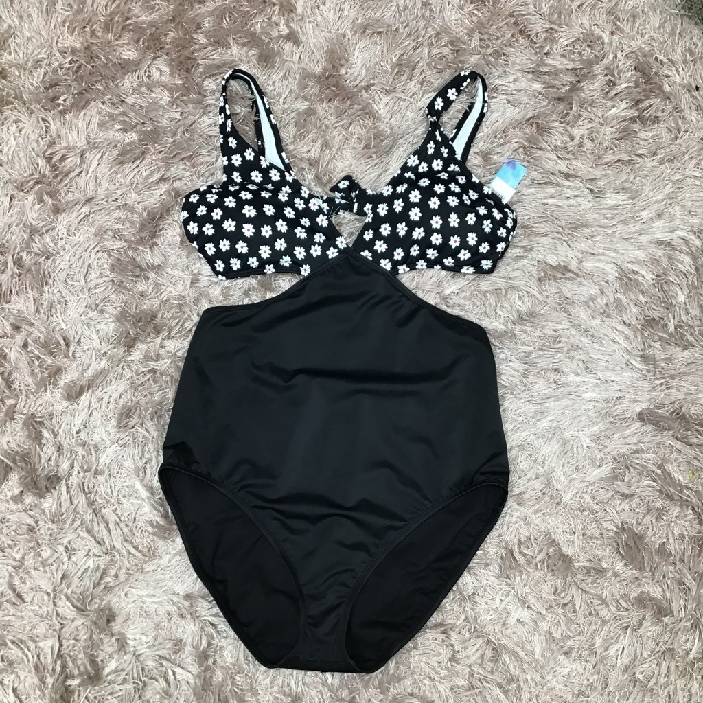 Beach Betty Womens One Piece Swimsuit Black White Floral Cut Out Stretch XL New