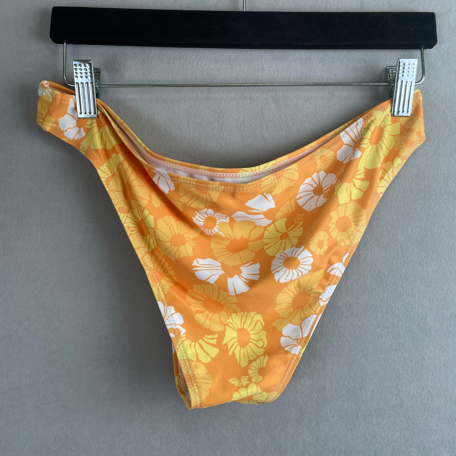 Orange Floral Daisy High Cut Cheeky Bikini Bottoms Swim 70s Style Surf Sz L NEW