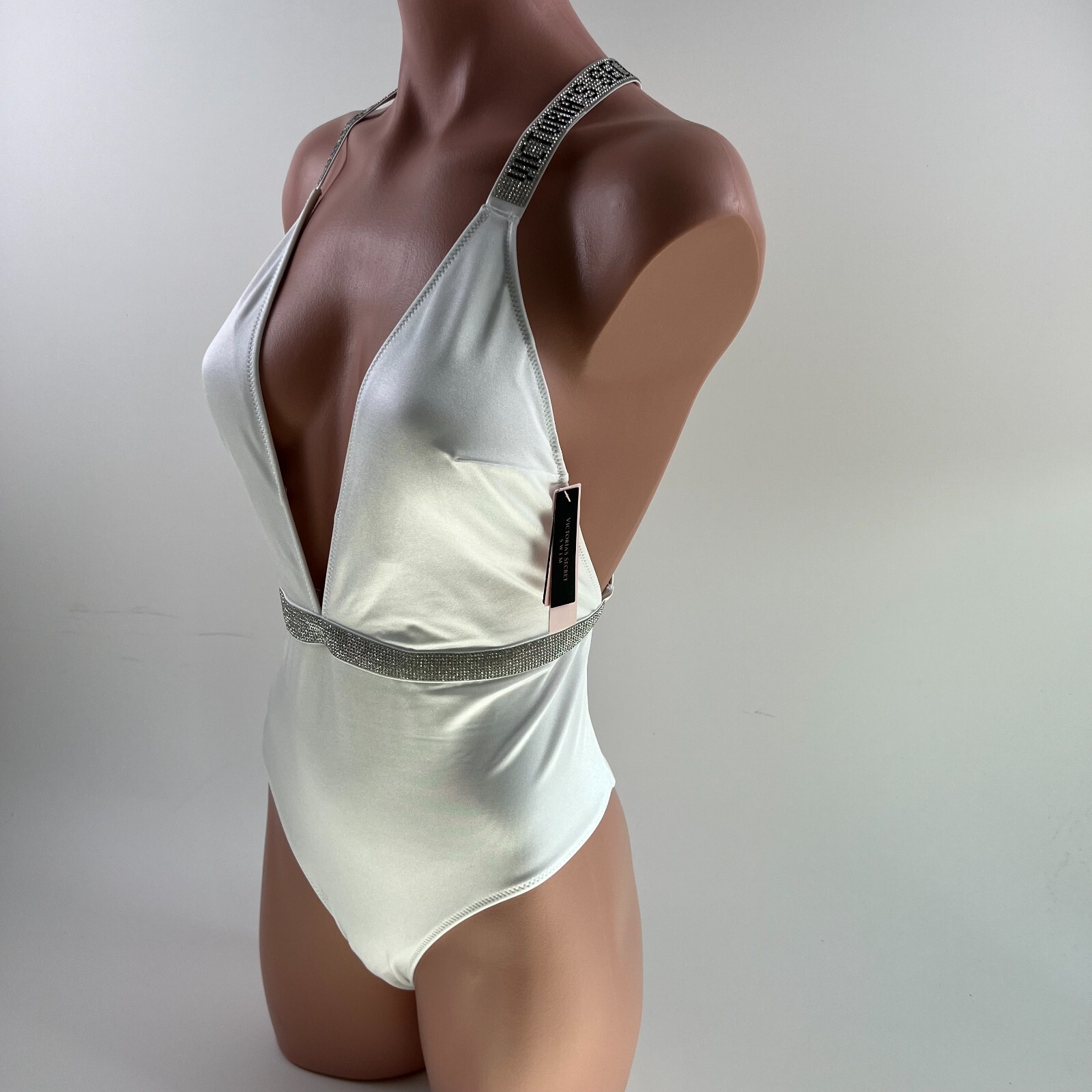 Victoria’s Secret One Piece Rhinestone Strap Racerback Swimsuit White M NWT