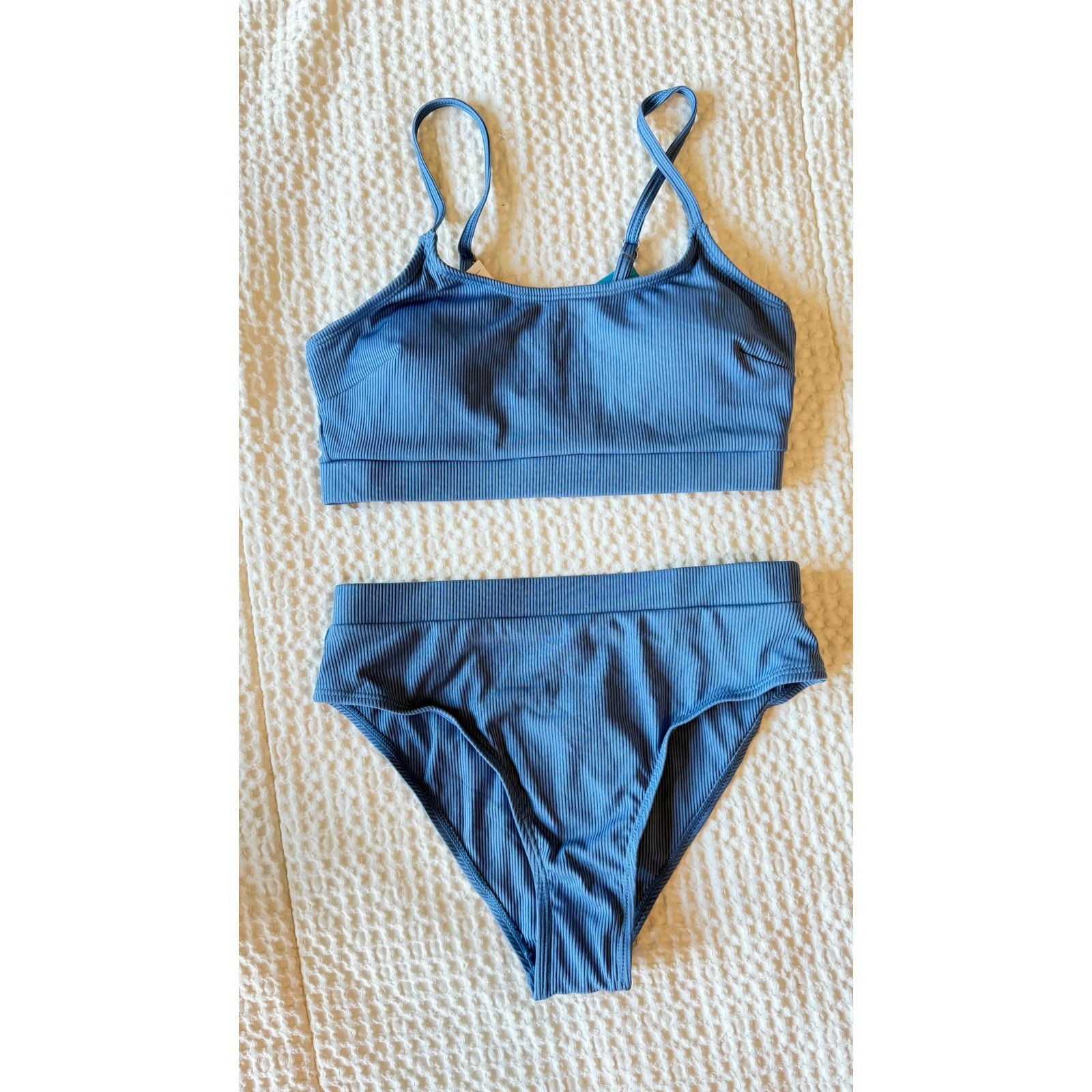 Cupshe Womens Blue Ribbed High Waisted Bikini Set Two Piece Swimsuit XS New