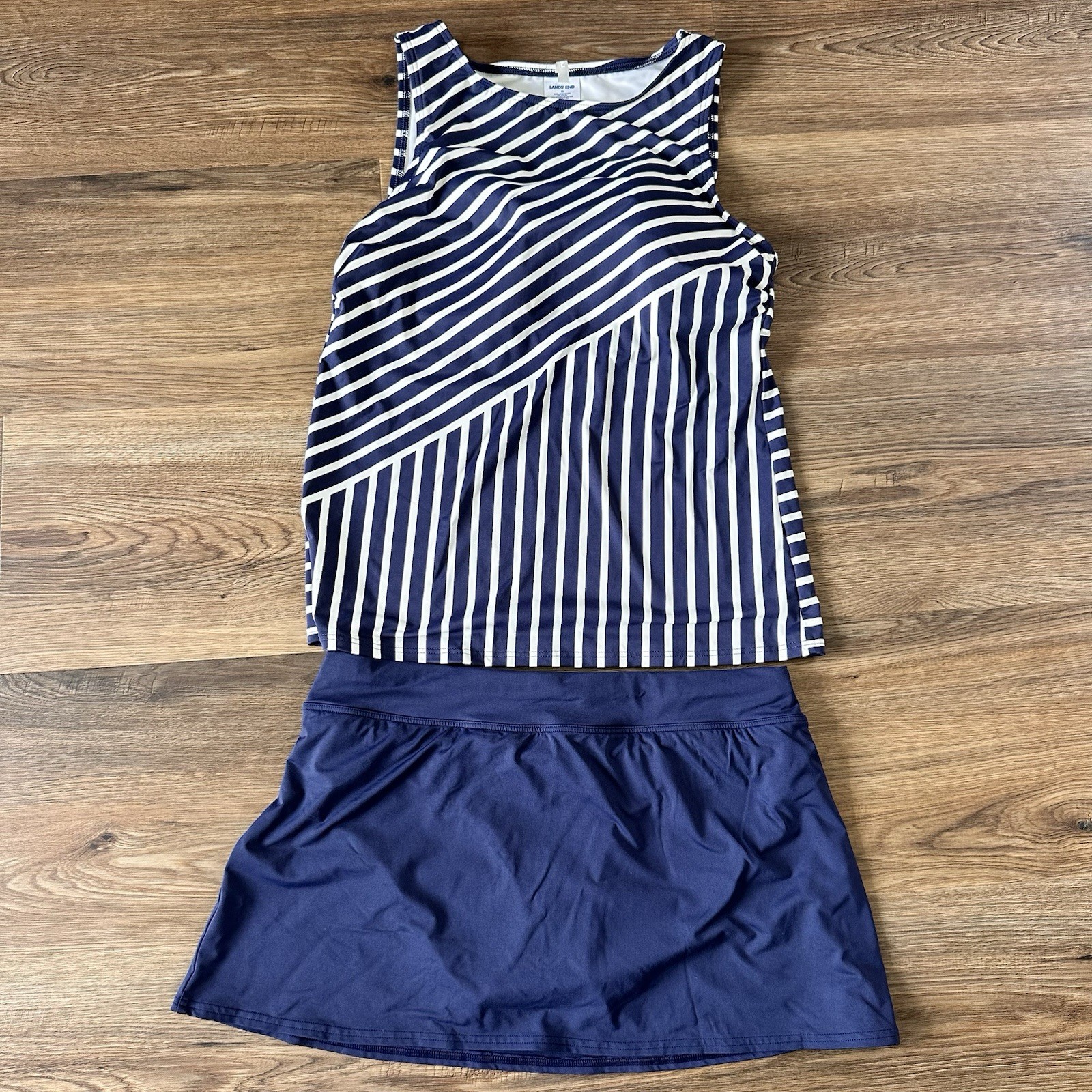 Lands End Tankini Swim Skirt Set Swimsuit Navy Blue Stripes Shelf Bra Beach 10
