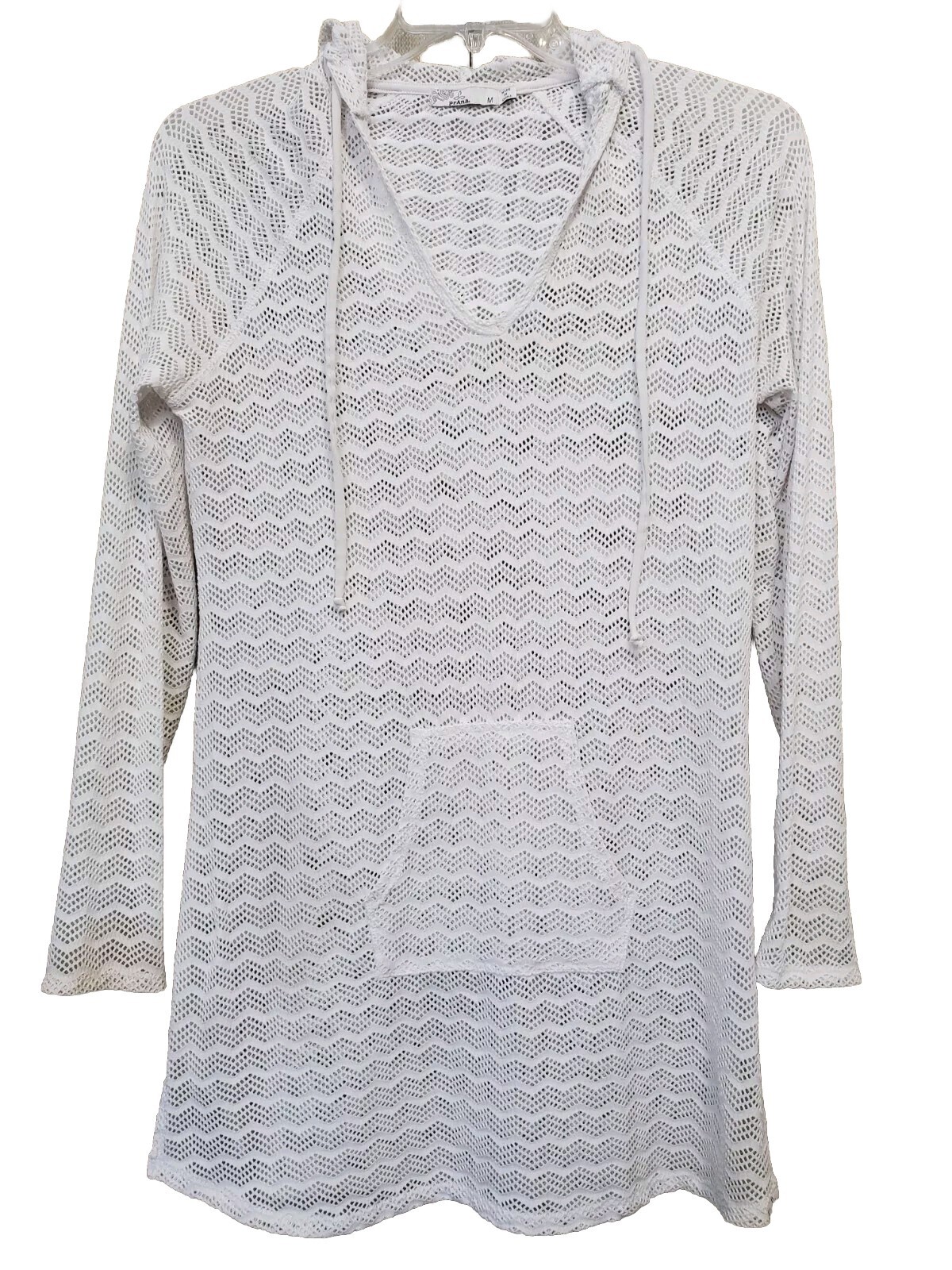 prAna Luiza Swimsuit Cover-Up Hooded Tunic White Chevron Kangaroo Pockets Sz Med