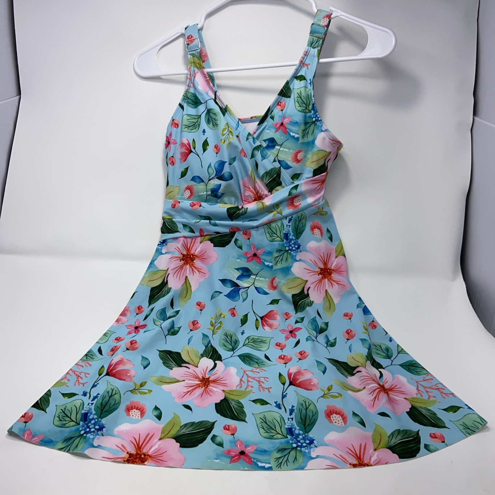 Rotita Womens Small Tankini Swimsuit Top Blue Pink Floral V-neck Flowy Dress Top