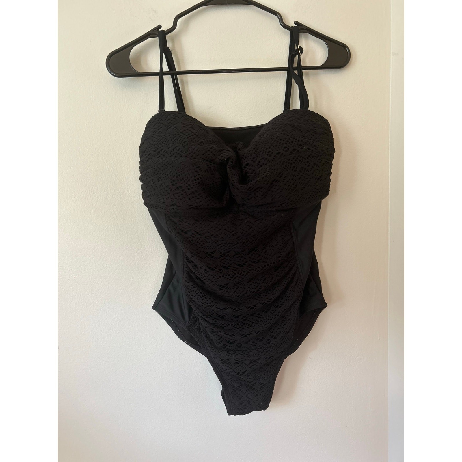 Merona Black One-Piece Crochet Lace Overlay Side Ruching Swimsuit Size L