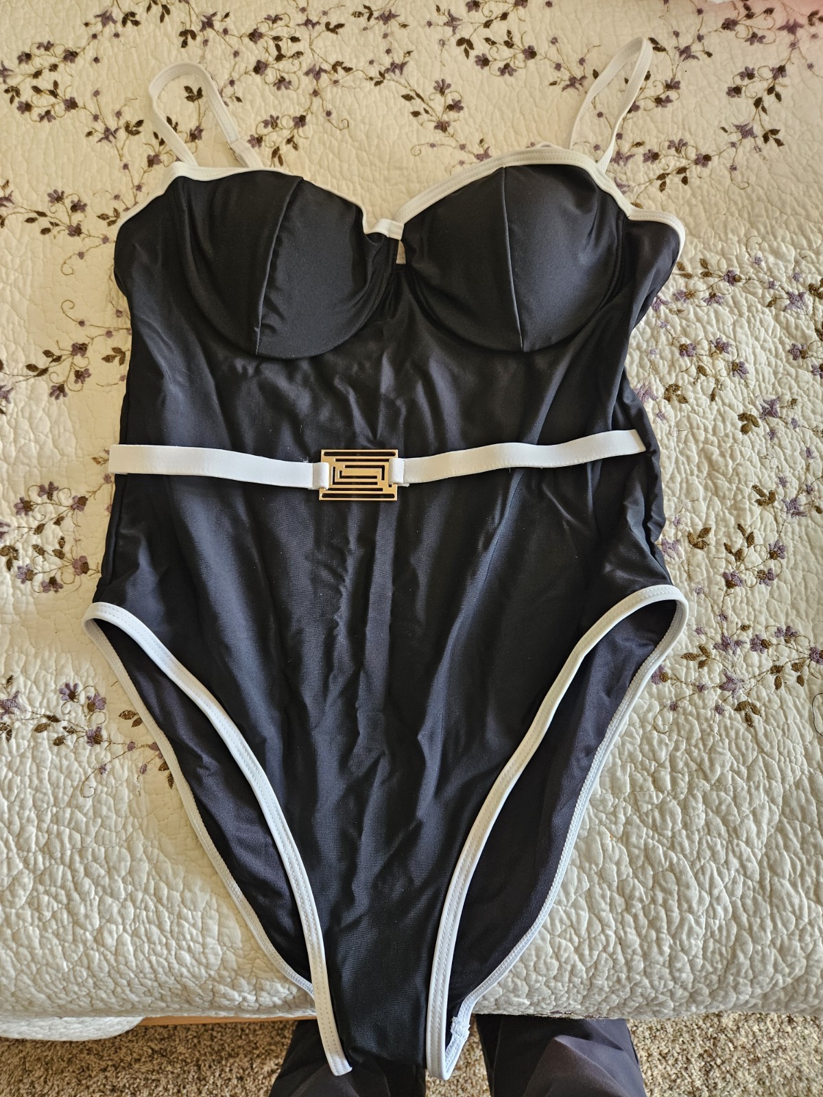 Women’s L One Piece Swimsuit Black White Solid Belted Lined Polyamide Elastane