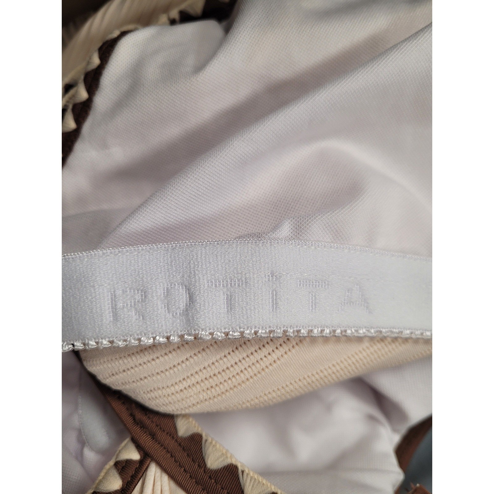 Rotita Pleated Beaded Keyhole Tankini Swim Top Cream/Brown Ric Rac Trim Large