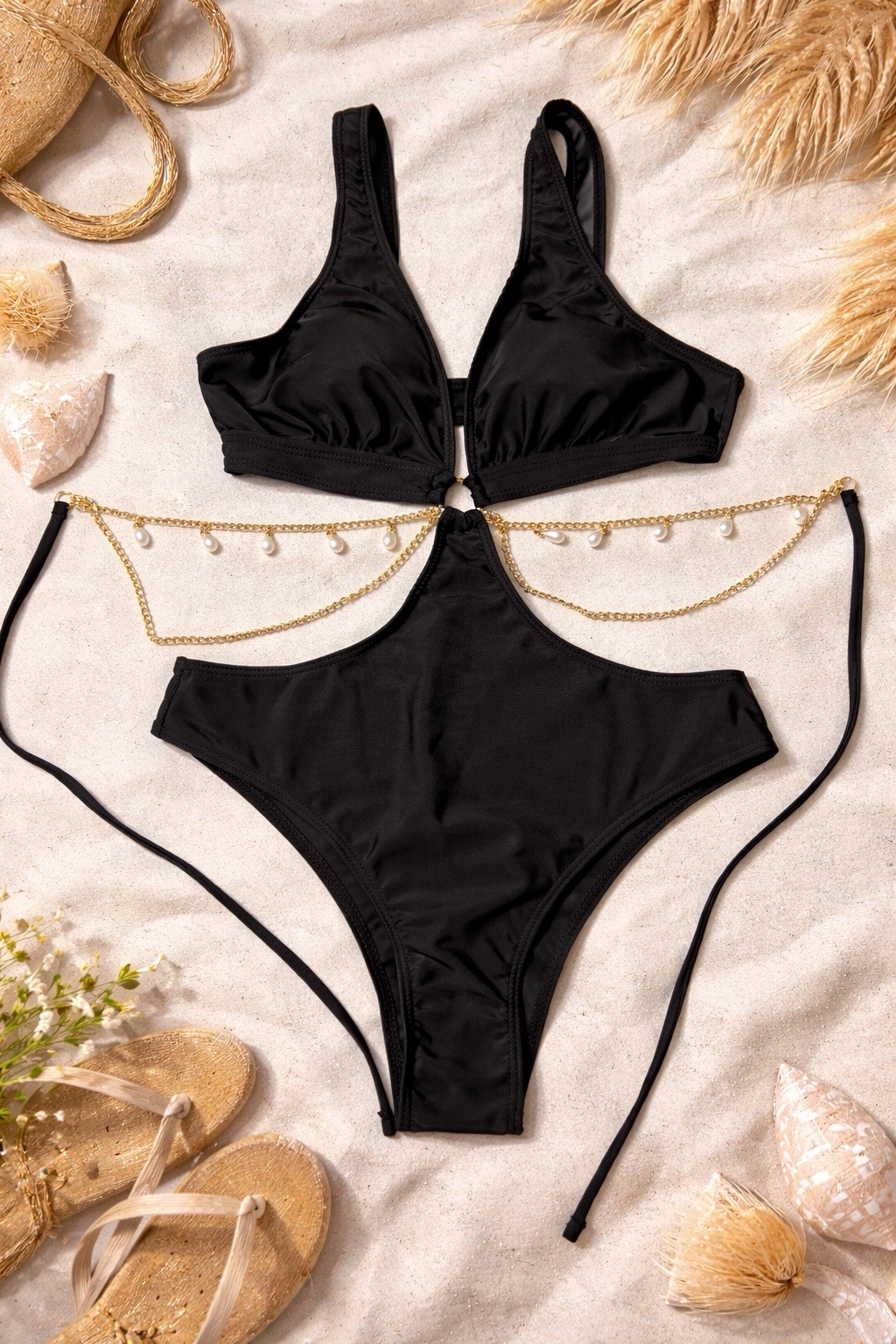 Black Cut-Out Swimsuit with Gold Chain Detail -Size S