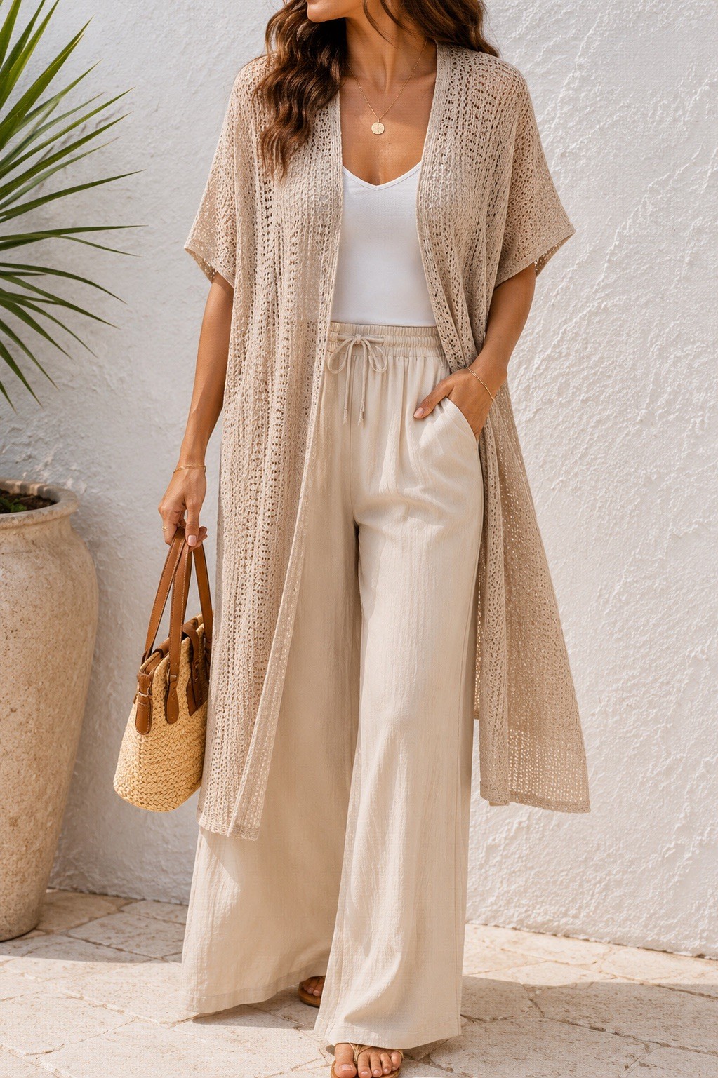 Steve Madden Women’s Tan Crochet Kimono Cover Up One Size Beach Cardigan