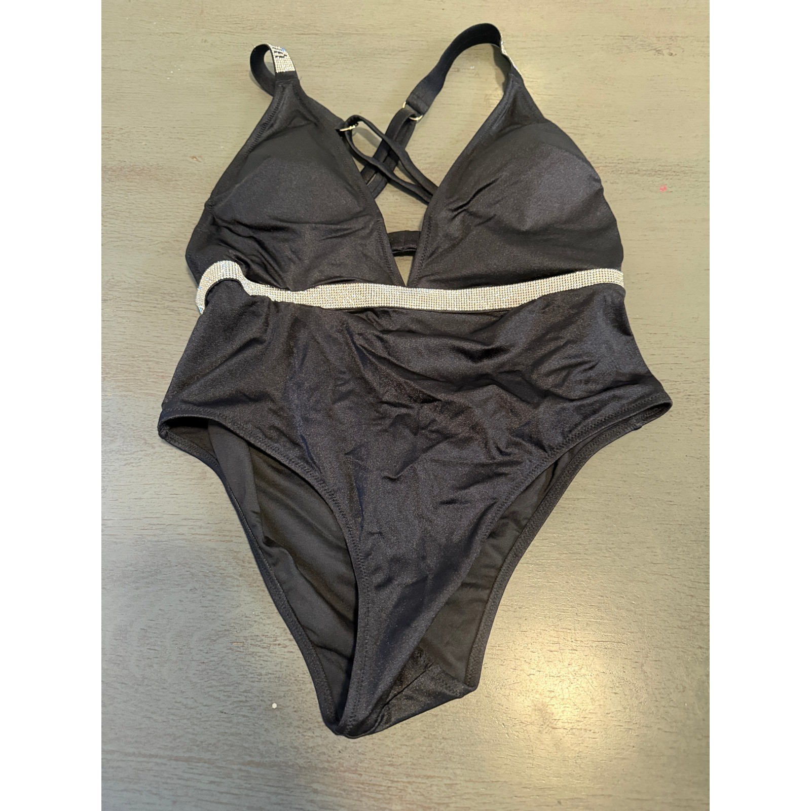 Victoria’s Secret Shine Strap One Piece Swimsuit Black Rhinestone Logo Large
