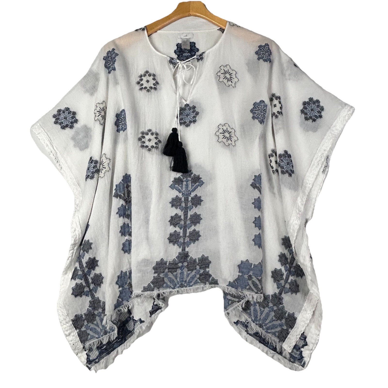 J Jill Swim Cover Poncho Top OS Embroidered Gauzy Tassel Fringe Vacation Cruise