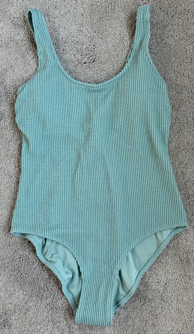 NWT H&M One Piece Swimsuit Seersucker Teal Size Small Padded Cute!