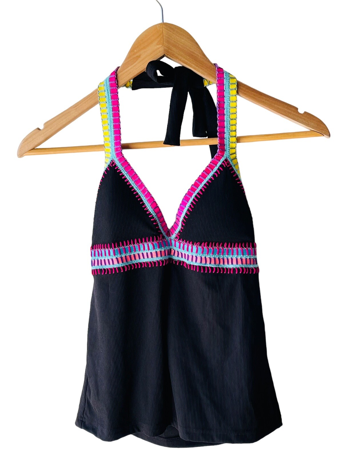 Platinum Swimwear Size 6 Black Rainbow Trim Tie Halter Tankini Top – New