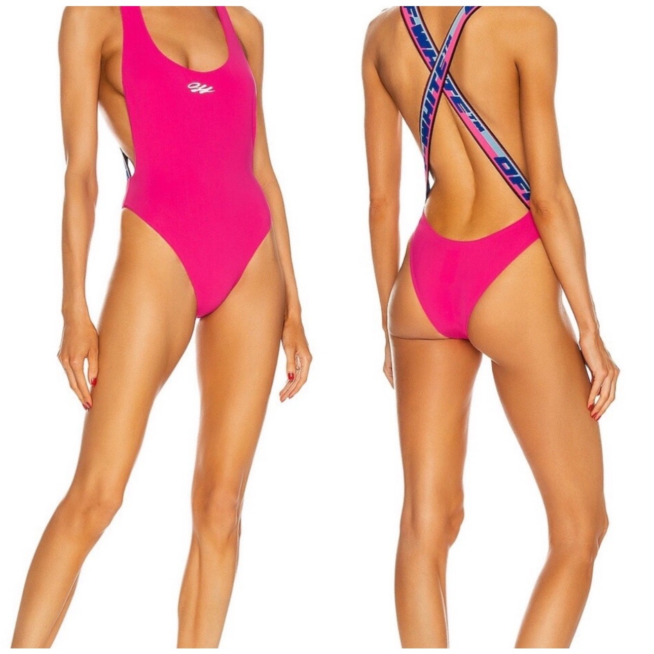 Off-White Logo Tape Swimsuit Fuchsia Pink White Criss Cross Back One Piece 40