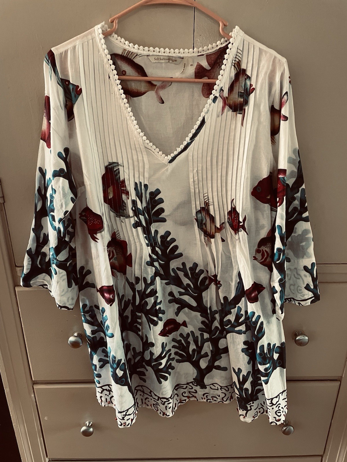 Soft Surroundings PM Petite Tunic Coverup Lightweight Cotton Coral Fish Resort
