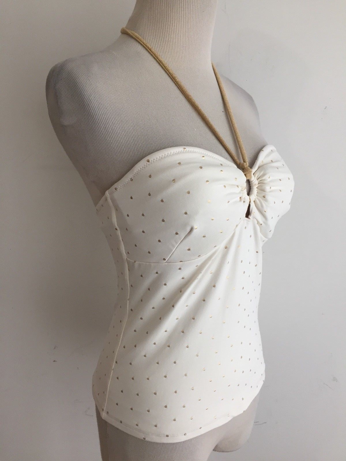 Shoshanna Swimwear Key-Hole Halter Tankini Top Ivory w/Gold Dots Size P/S D NWT!