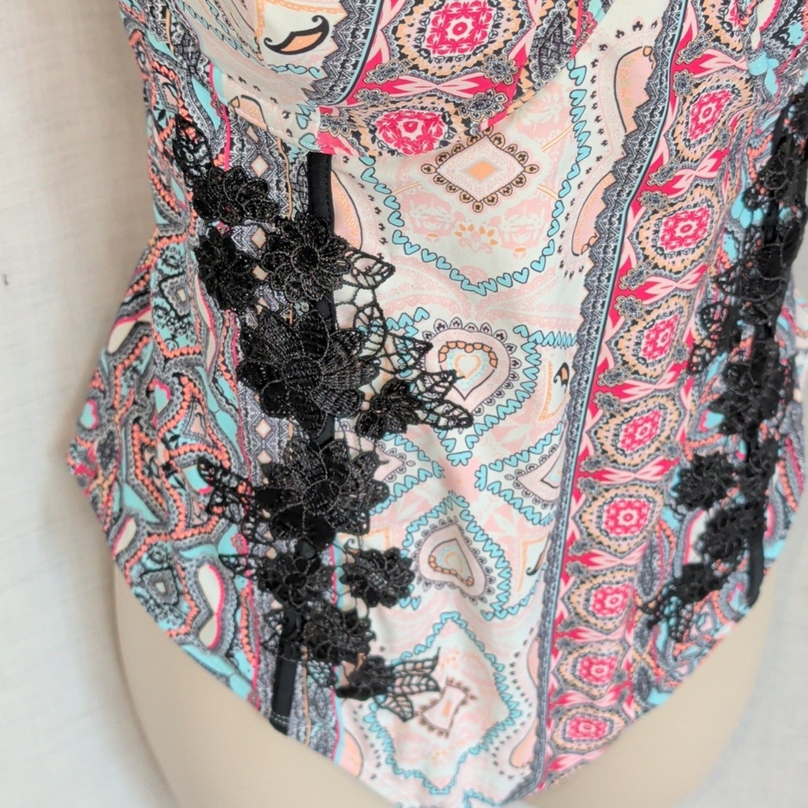 Swimsuit 14 Corset Style One Pc Sexy Bathing Suit Crochet Applique Underwire New