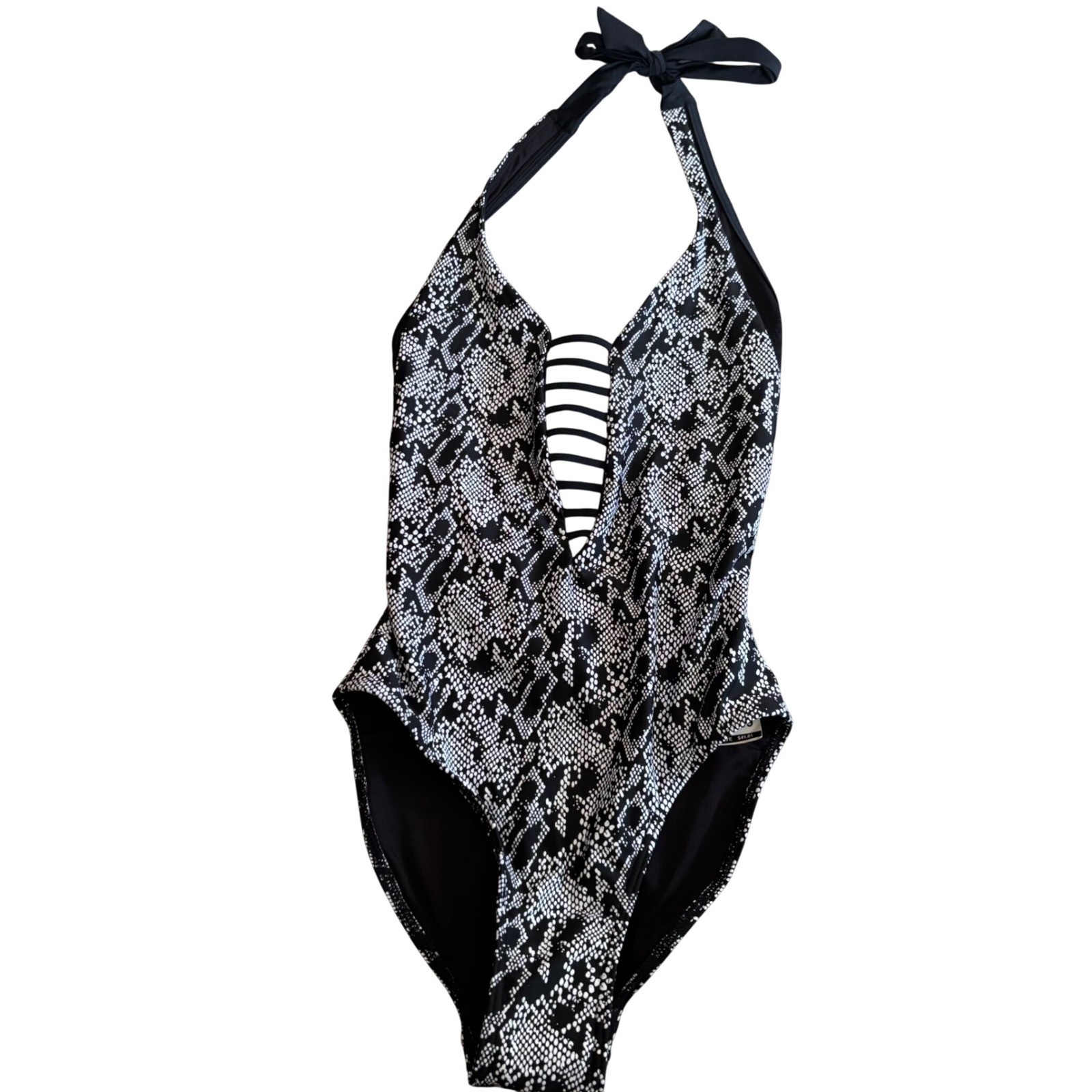 Swim Systems Solana Plunge Womens XS Black White Snake Print Halter One Piece