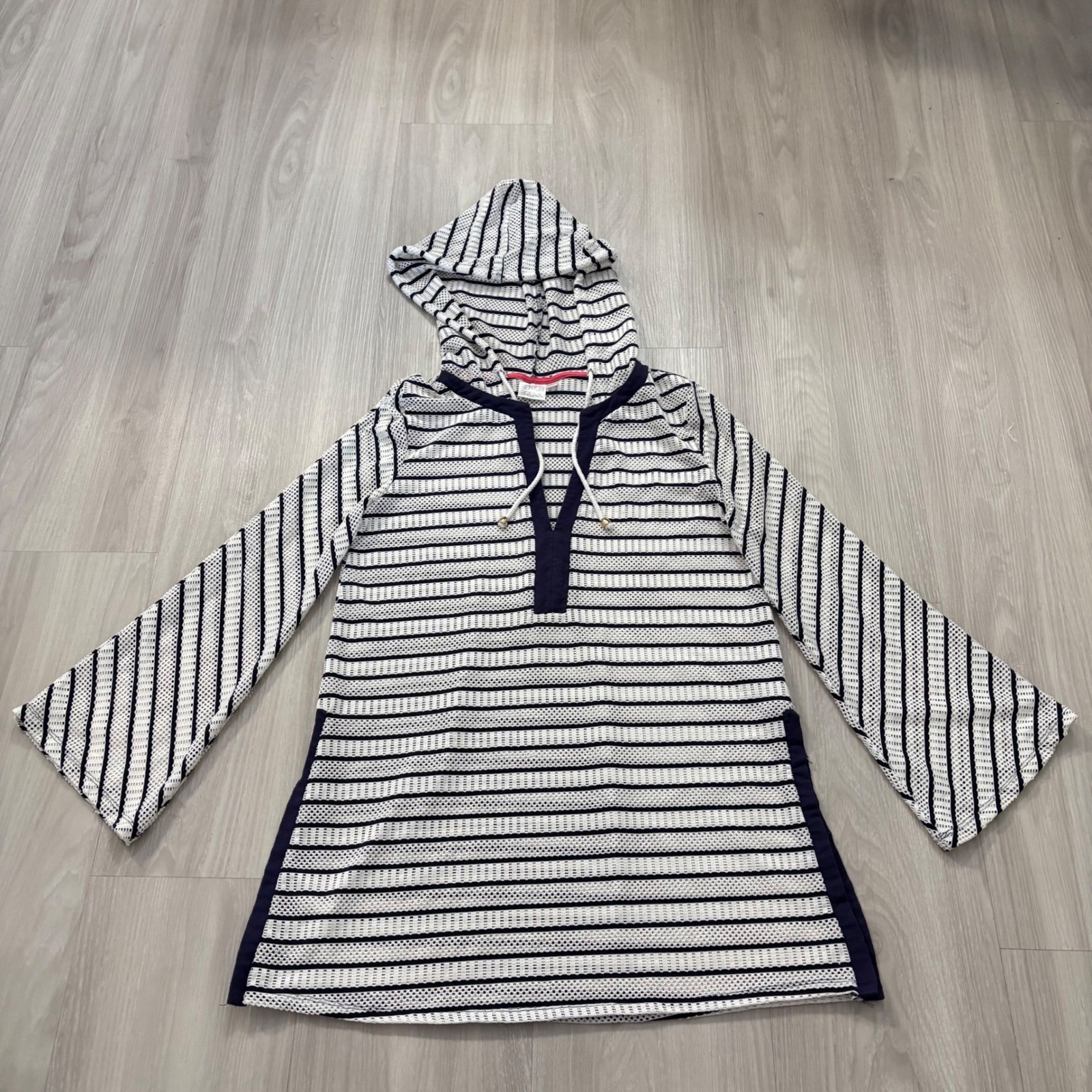 Beach Break Womens Tunic Swim Cover Up Striped Mesh Hooded Navy White Size M