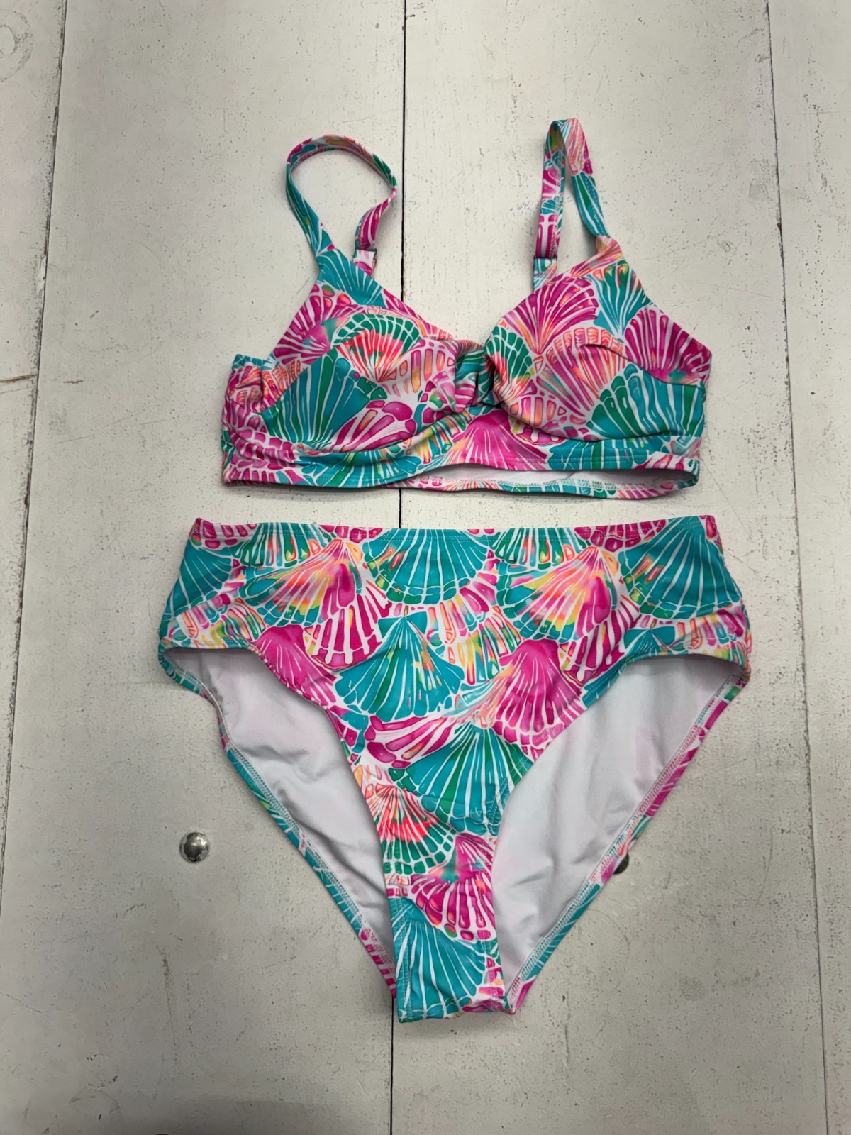 Shein White Blue Pink Seashell Print 2 Piece Swim Suit Set Womens Size 0XL