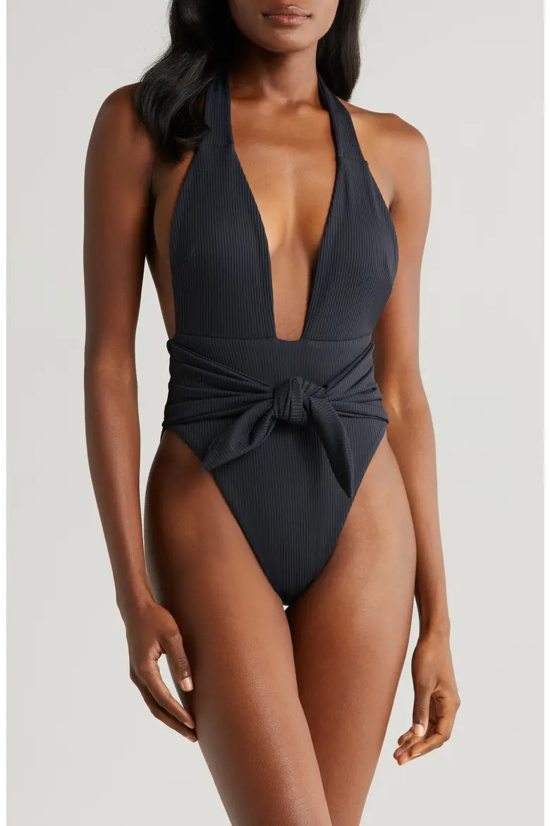 NEW! $218 MONTCE TROPEZ TIE WAIST RIBBED HALTER ONE-PIECE SWIMSUIT BLACK SZ S