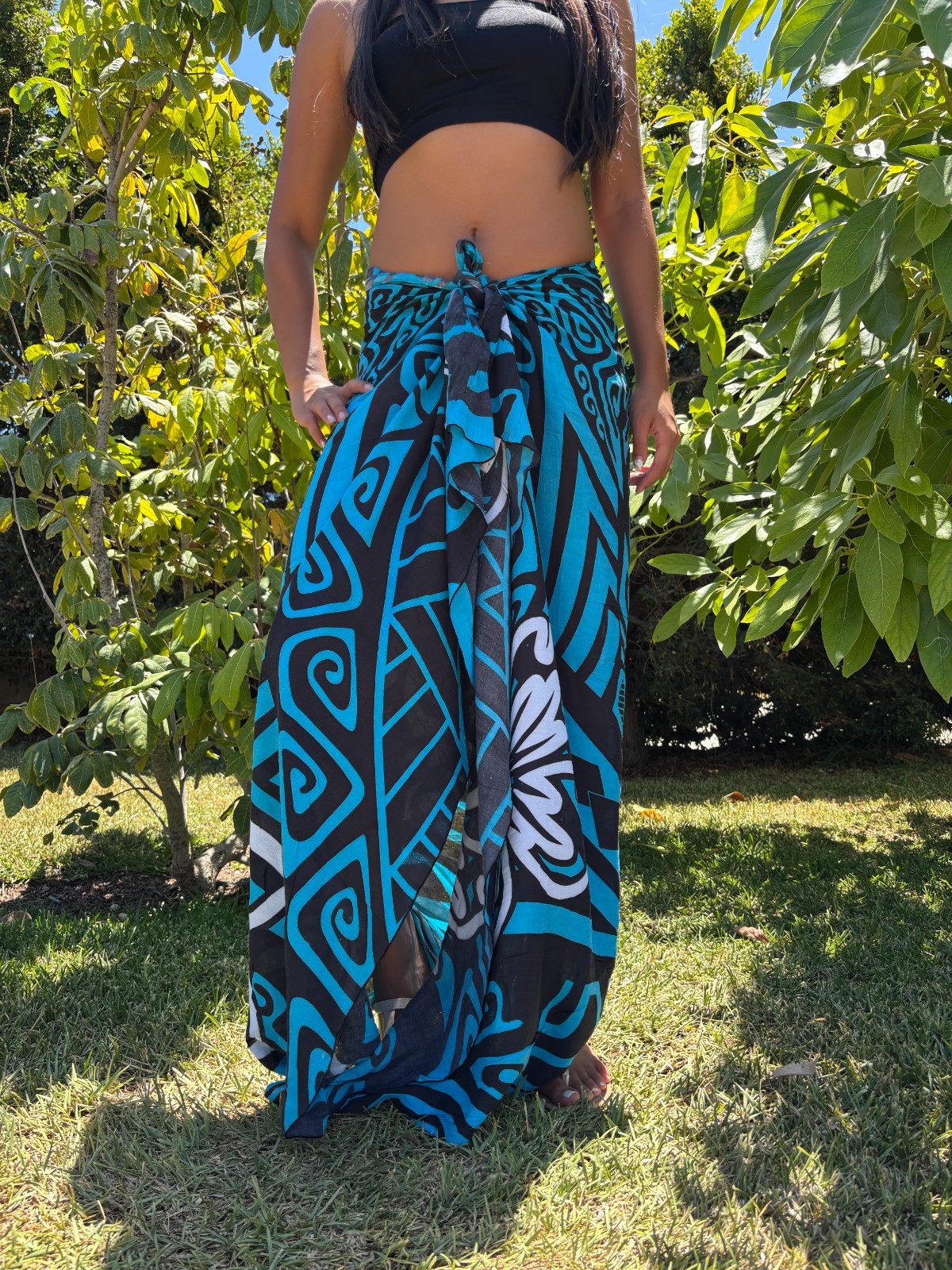 Hawaiian Design Sarong Turquoise Tribal Hibiscus Honu Wrap Beach Pareo Dress