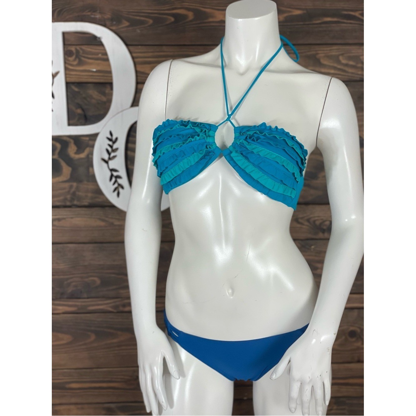 Xhiliration | Teal Ruffle Halter Bikini Set Multiple Shades of Blue