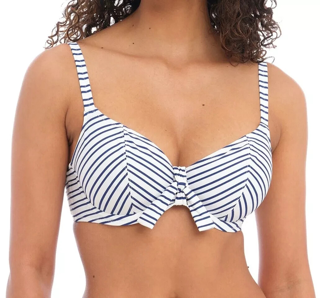 Freya New Shores Bikini Top Size 30D Ink Blue White Underwired Plunge Bra 202502