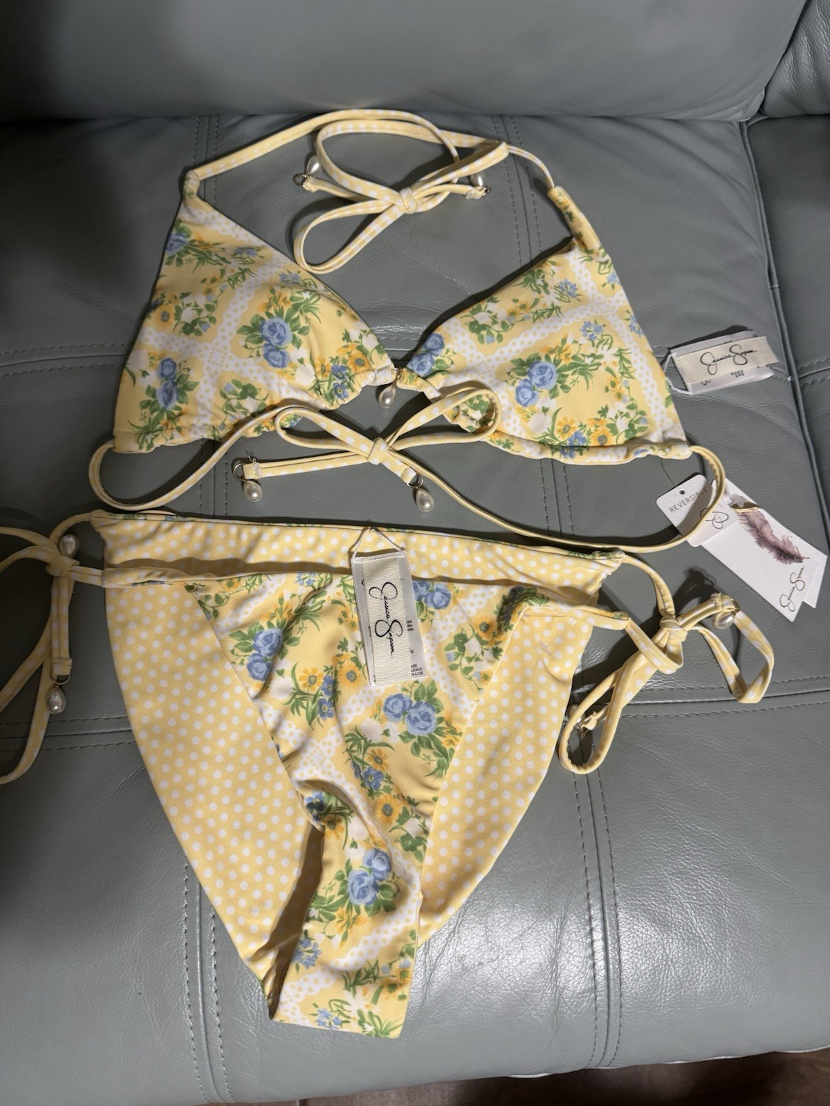 Jessica Simpson Reversible Bikini 2-Piece Yellow Floral/Yellow Polka Dot Sz M