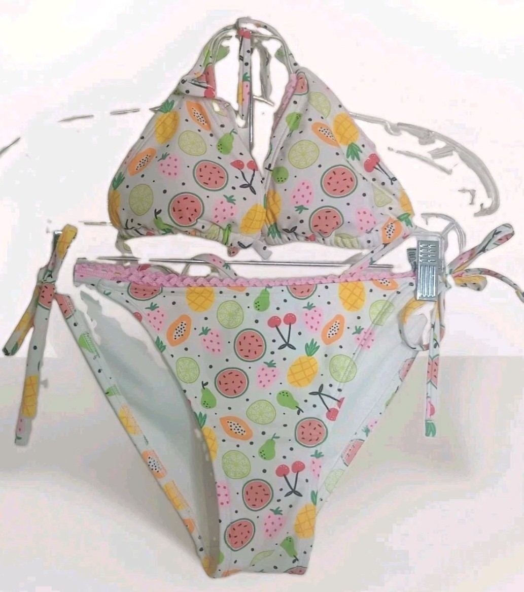 Wild Fable 2 Piece Bikini Swimsuit Fruit Print Size M Strappy Tie Tropical Beach