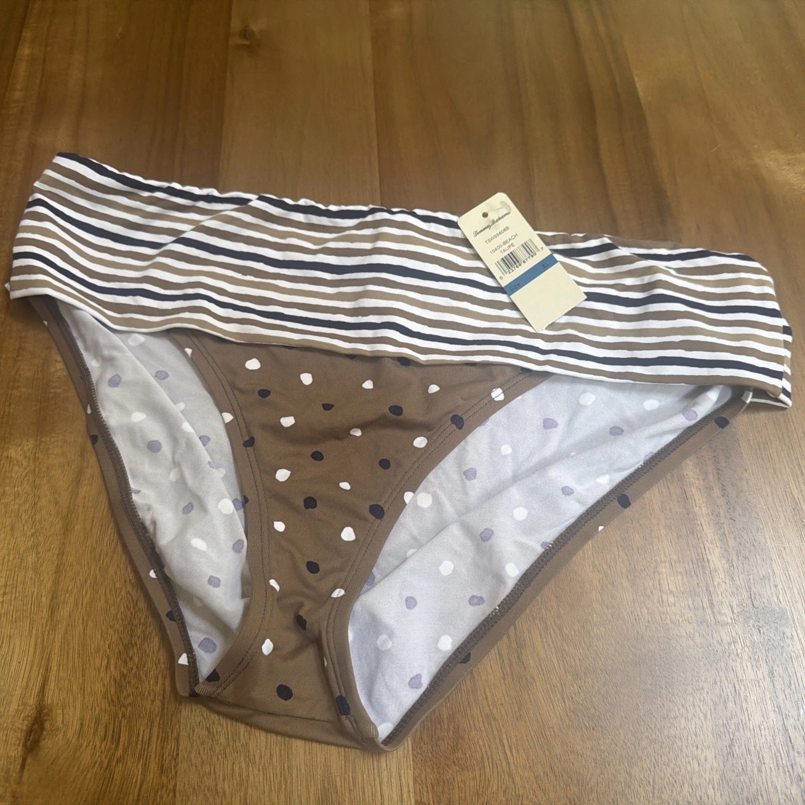 NWT Tommy Bahama Fold Over Waist Swimsuit Bottom XL Taupe & Black Stripes/Dots