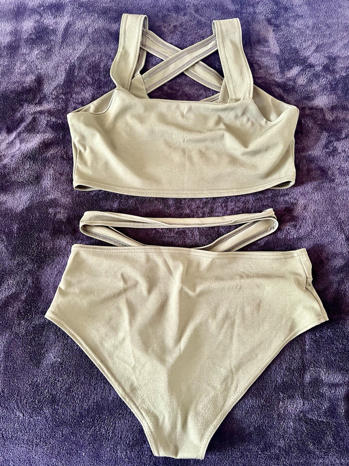 Olive Green Solid 2pc Strappy Crossback Bikini Top High-Waist Bottom XL/XXL