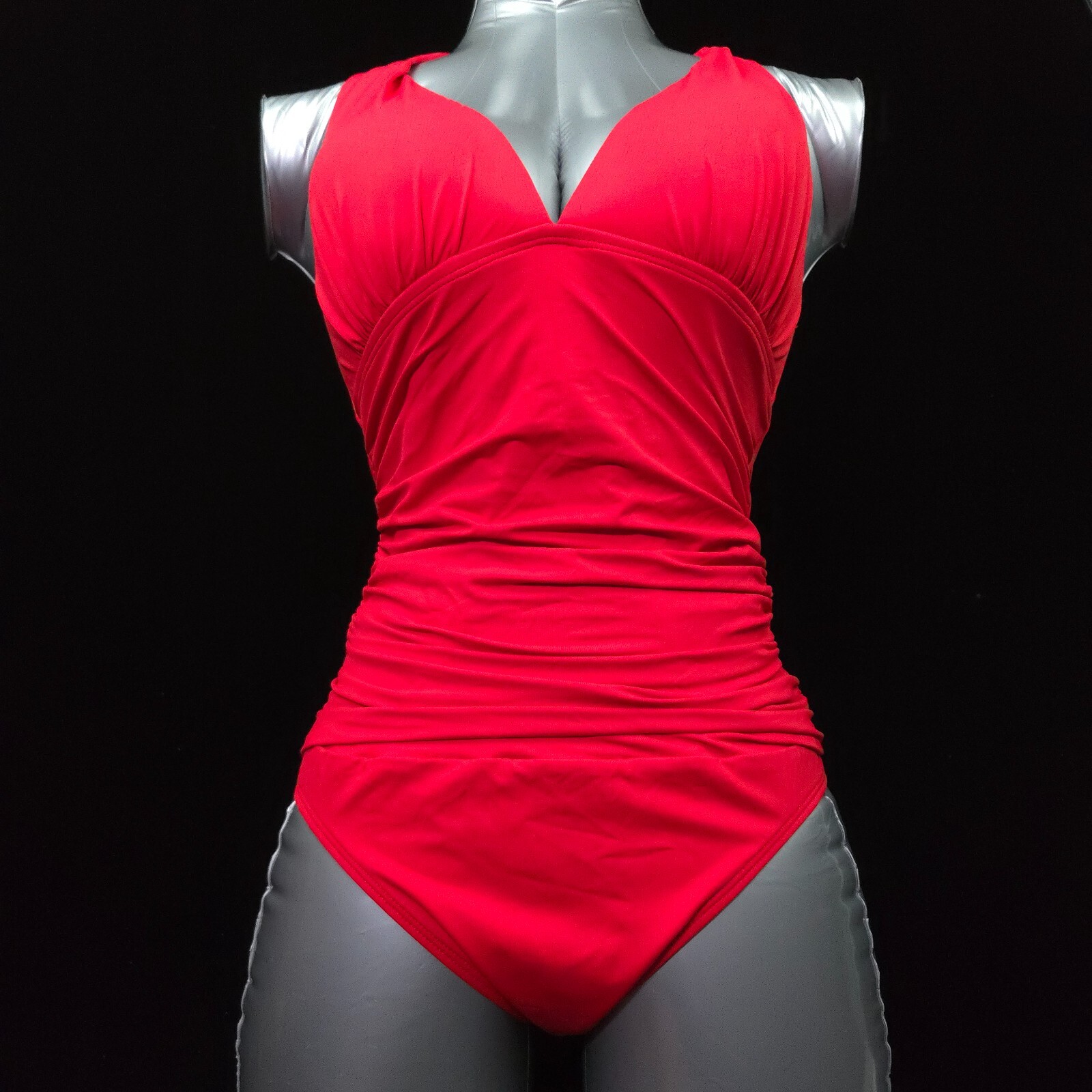 RALPH LAUREN WOMENS 1 PIECE HALTER SWIMSUIT -8- RED STRETCH SLIMMING FIT -NEW