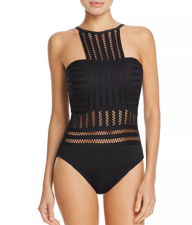 Kenneth Cole Tough Luxe High Neck One-Piece Swimsuit Black Size S 1075