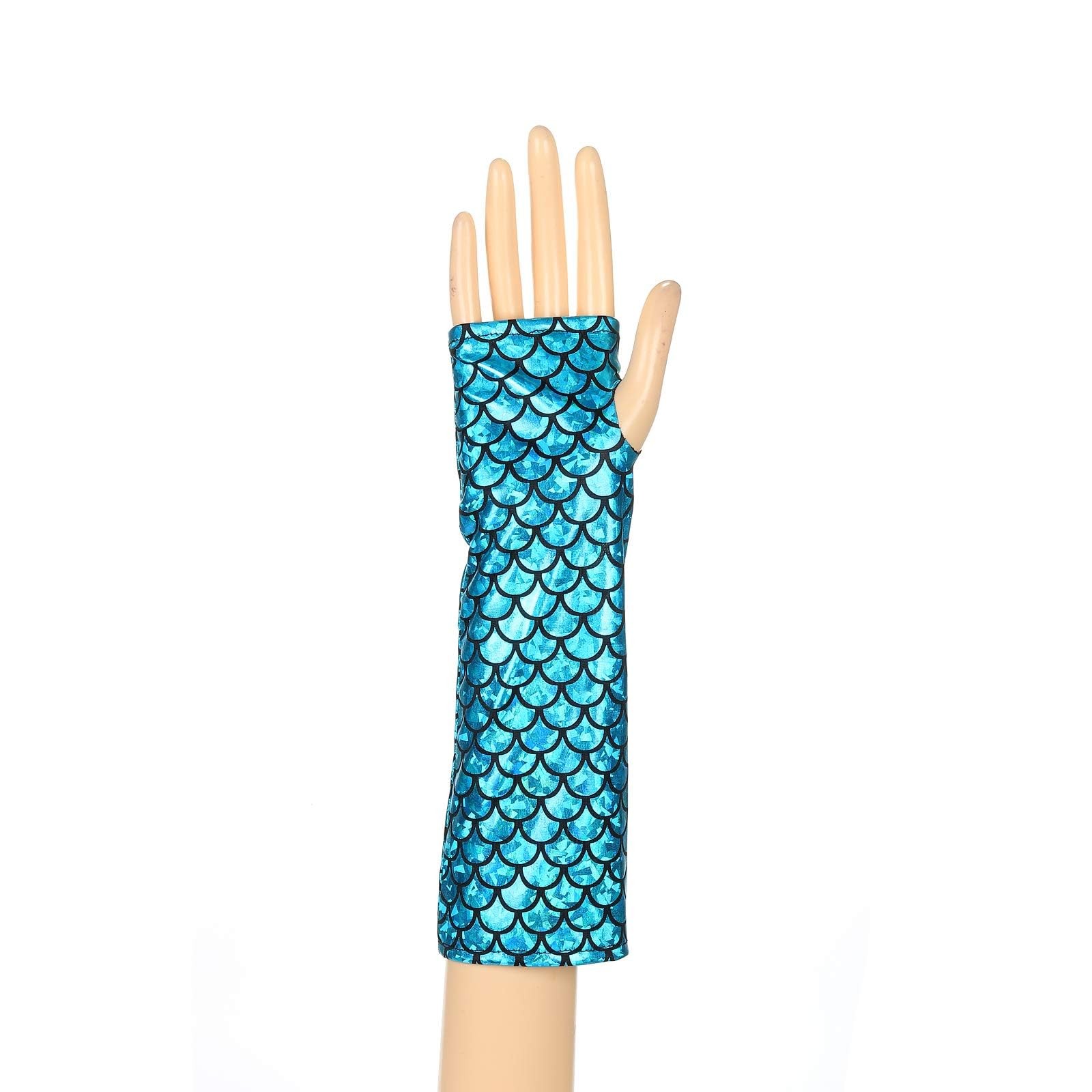 Ladies Shimmery Mermaid Gloves Fish Scale Fingerless Long Large, Blue
