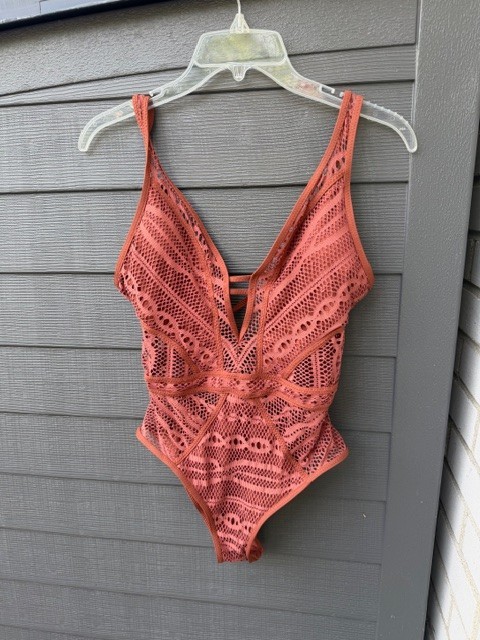Becca Next Crochet Knit Lace Up One Piece Swimsuit M Brown Boho Chic